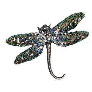Signed Don-Lin Vintage Blue Green Dragonfly Green Enamel Glitter Brooch